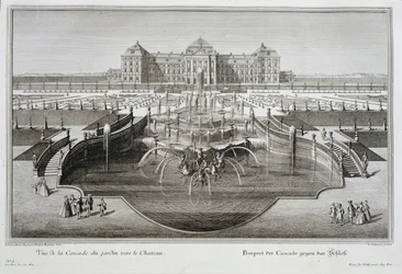 Weissenstein, Blick auf das Schloss von der barocken Kaskade, graviert von Georg-Daniel Heumann, veröffentlicht 1728